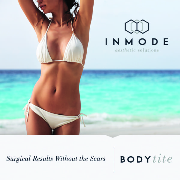 An Inmode medical concept image of a woman wearing a bikini at the beach with the shoreline behind her, with the text that states 